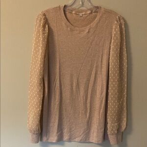 Women's Sheer Polka Dot Long Sleeve Beige Top w Slightly Puffy Sleeves